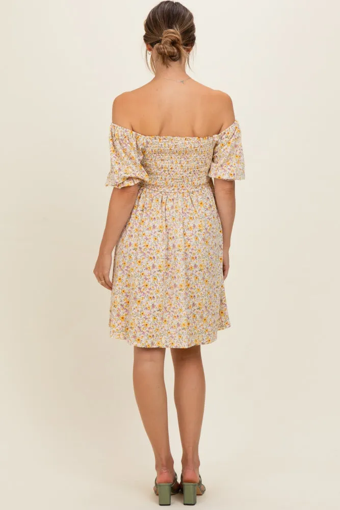 Yellow Multi Ditsy Floral Ruffle Bubble Sleeve Smocked Maternity Dress sold by Pinkblush product image thumbnail 4
