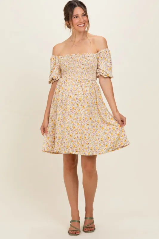 Yellow Multi Ditsy Floral Ruffle Bubble Sleeve Smocked Maternity Dress made by Hem & Thread