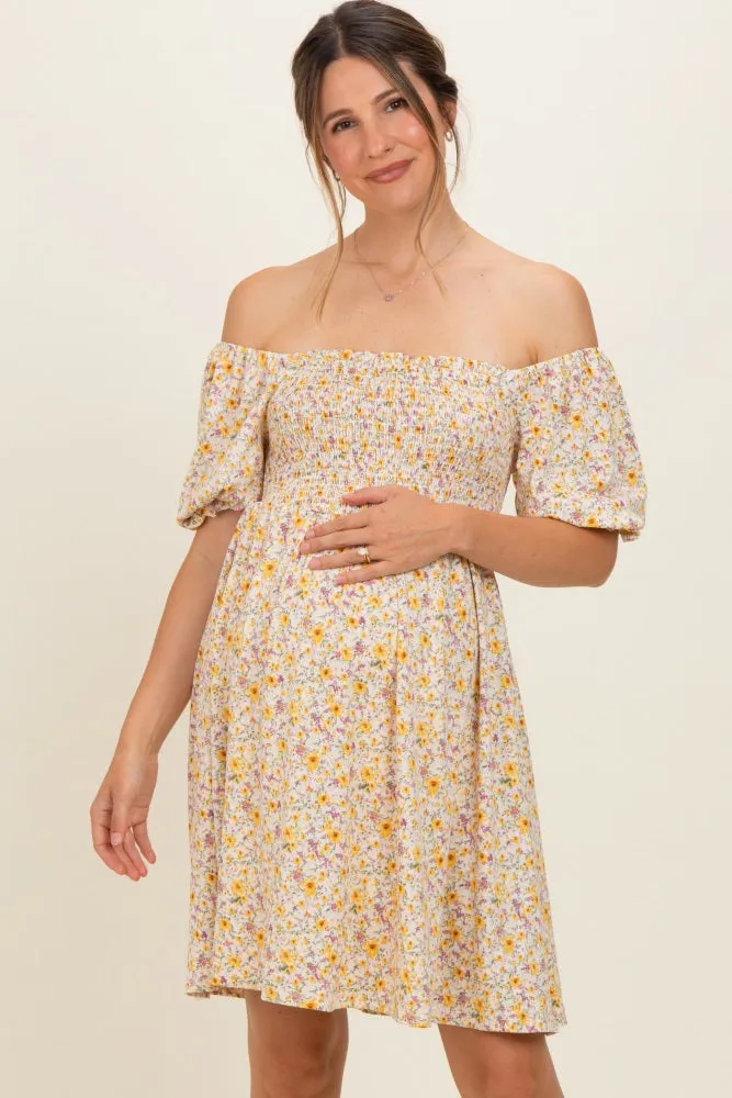 Yellow Multi Ditsy Floral Ruffle Bubble Sleeve Smocked Maternity Dress sold by Pinkblush product image thumbnail 2