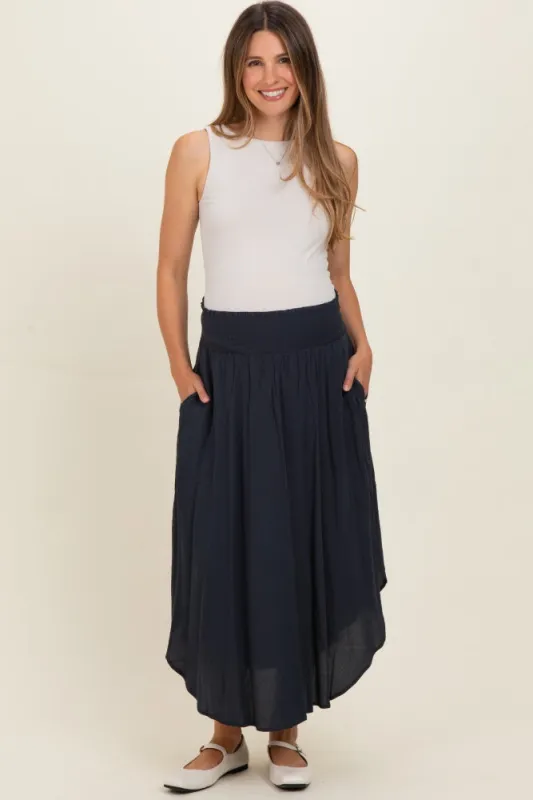 Midnight Smocked Waist Rounded Hem Maternity Skirt made by Final Touch