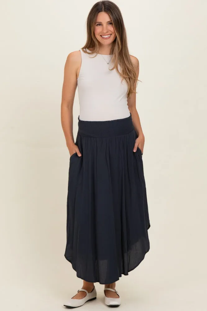 Midnight Smocked Waist Rounded Hem Maternity Skirt sold by Pinkblush