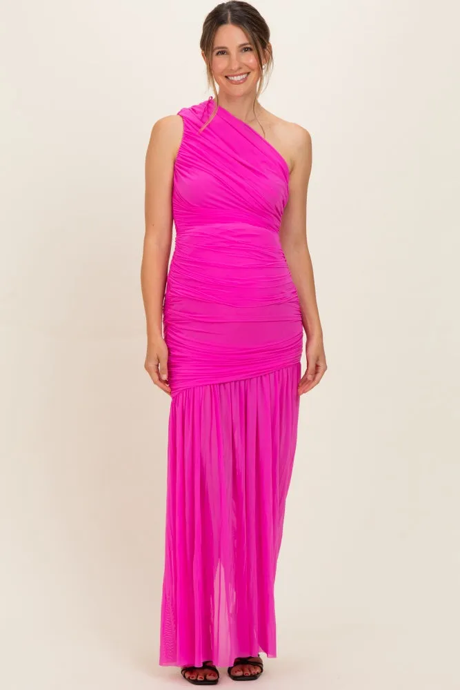Fuchsia Pink Ruched Mesh One Shoulder Maternity Maxi Dress sold by Pinkblush