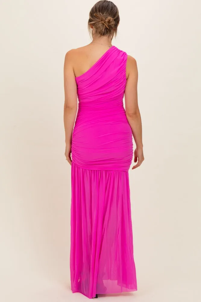 Fuchsia Pink Ruched Mesh One Shoulder Maternity Maxi Dress sold by Pinkblush product image thumbnail 2