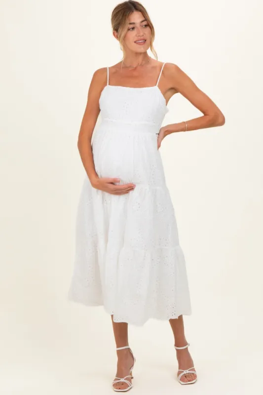Off White Eyelet Lace Cutout Tie Back Maternity Midi Dress made by Lovely Day