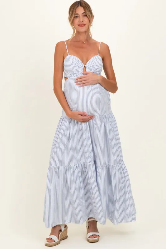 White Striped Cutout Tie Back Maternity Maxi Dress made by Aakaa