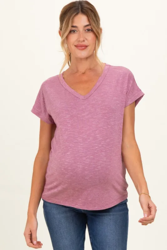 Mauve Slub Knit Maternity V-Neck Top made by Staccato