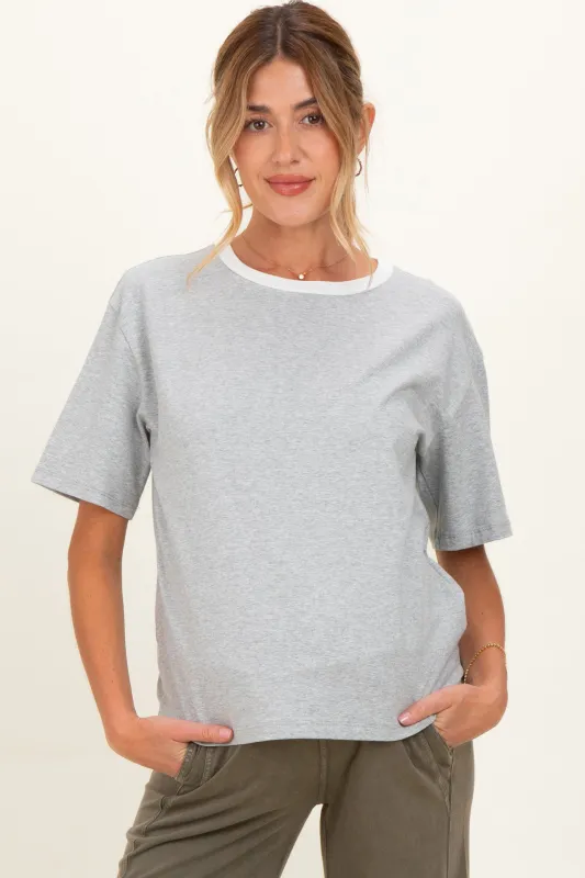 Heather Grey Relaxed Fit Contrast Neckline Maternity Tee made by Pinkblush