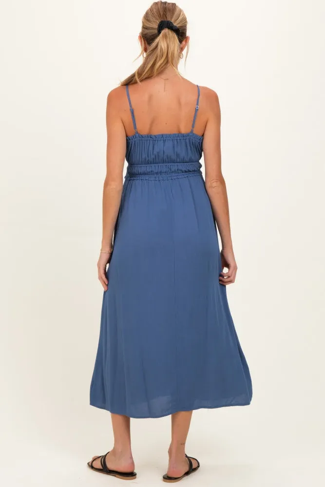 Denim Blue Solid Smocked Maternity Maxi Dress sold by Pinkblush product image thumbnail 3