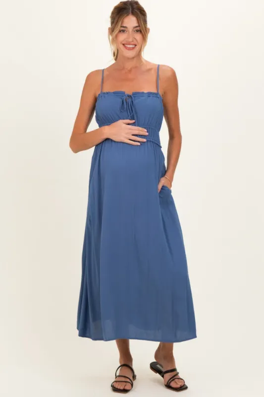 Denim Blue Solid Smocked Maternity Maxi Dress made by Final Touch