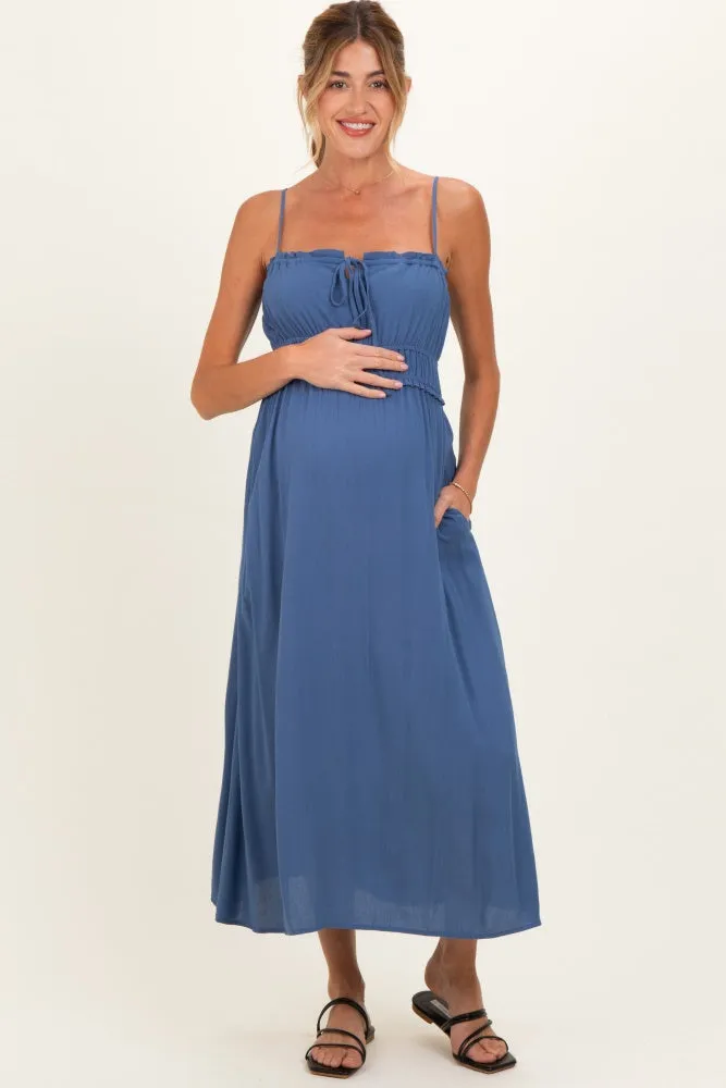 Denim Blue Solid Smocked Maternity Maxi Dress sold by Pinkblush