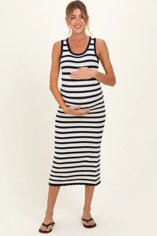 Navy Striped Crochet Knit Maternity Midi Dress sold by Pinkblush