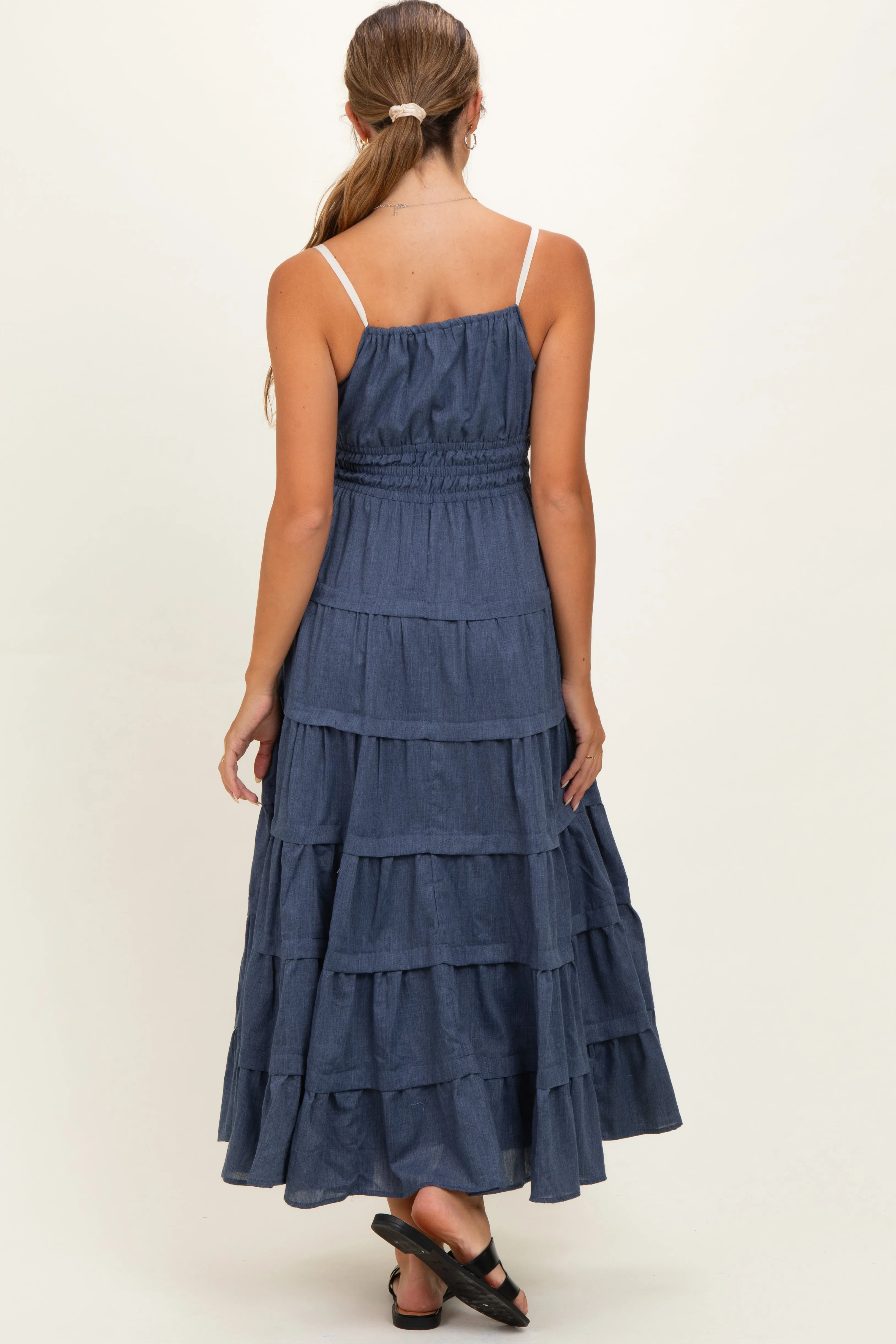 Denim Blue Smocked Waist Tiered Maternity Maxi Dress sold by Pinkblush product image thumbnail 3