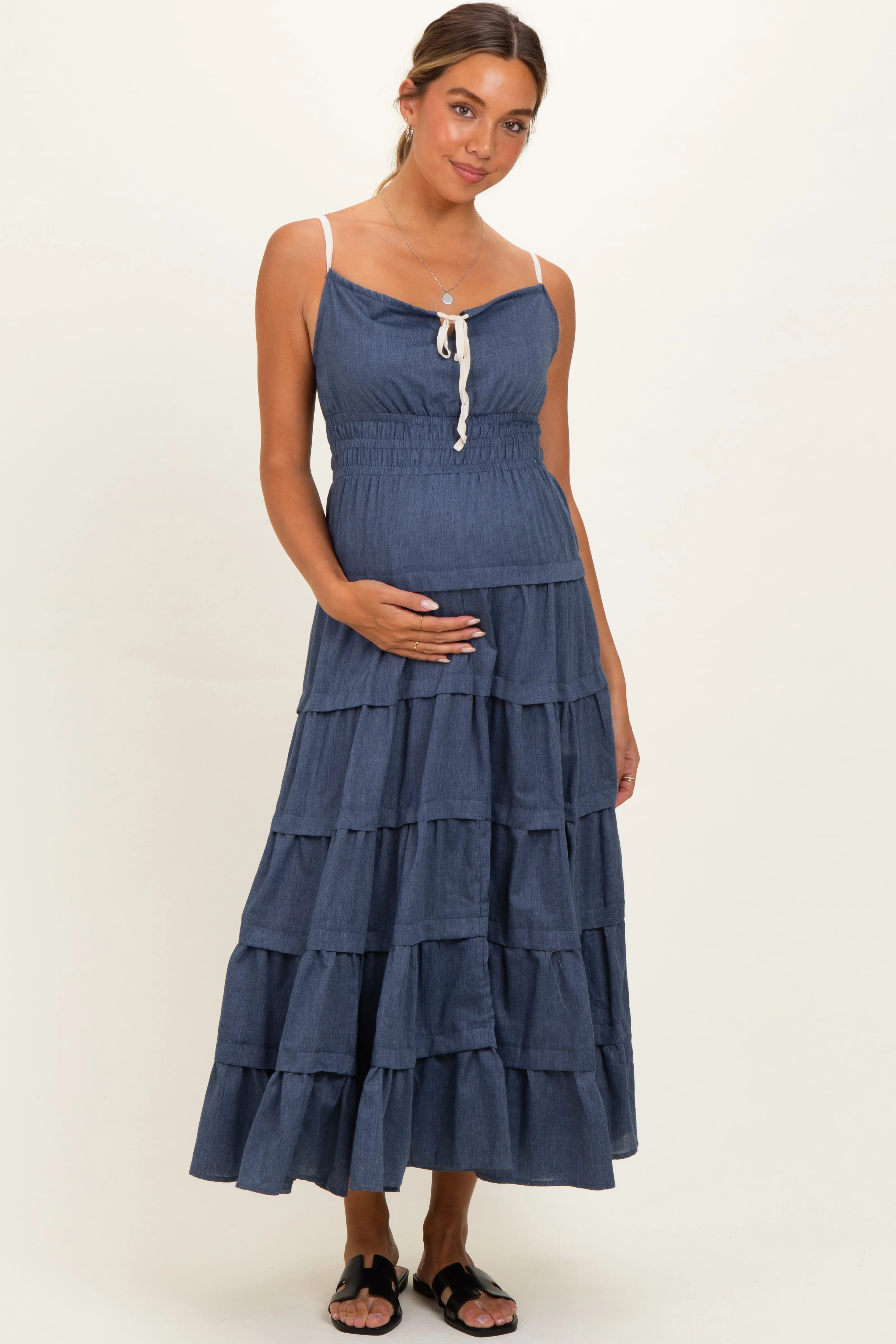 Denim Blue Smocked Waist Tiered Maternity Maxi Dress sold by Pinkblush