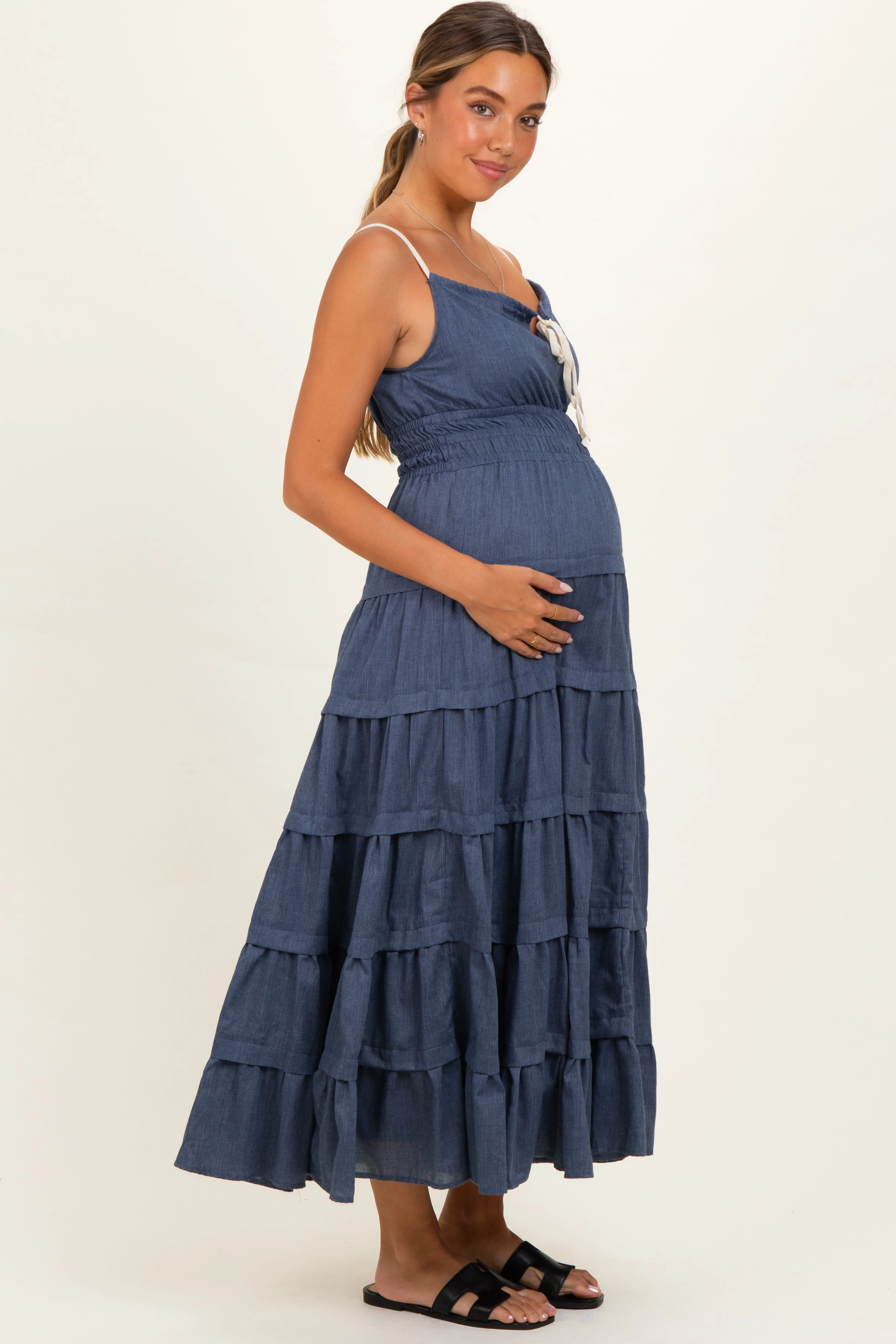 Denim Blue Smocked Waist Tiered Maternity Maxi Dress sold by Pinkblush product image thumbnail 2