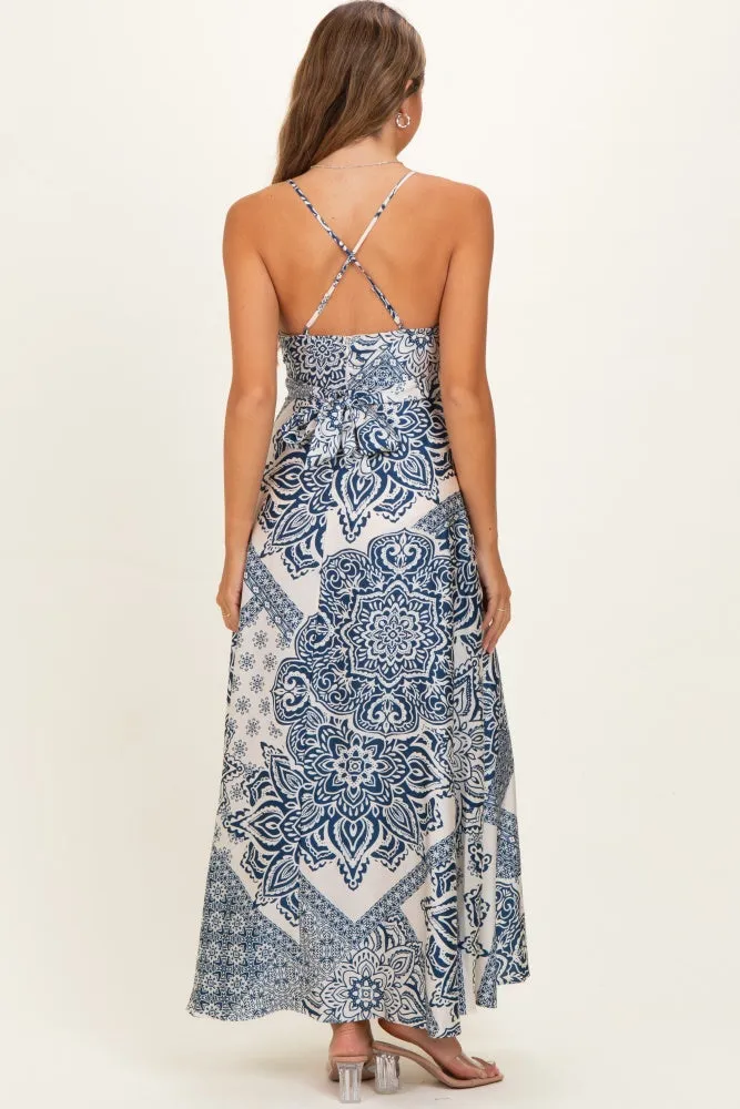 Navy Satin Floral Crossback Maternity Maxi Dress sold by Pinkblush product image thumbnail 3