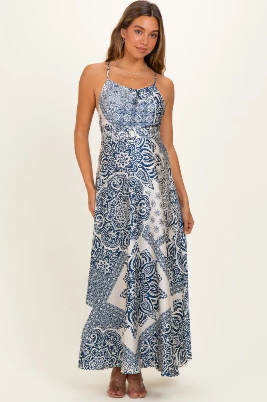 Navy Satin Floral Crossback Maternity Maxi Dress made by Aakaa