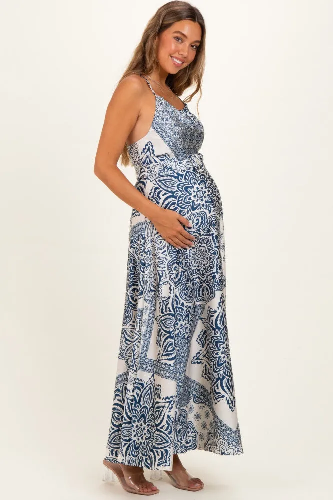Navy Satin Floral Crossback Maternity Maxi Dress sold by Pinkblush product image thumbnail 2