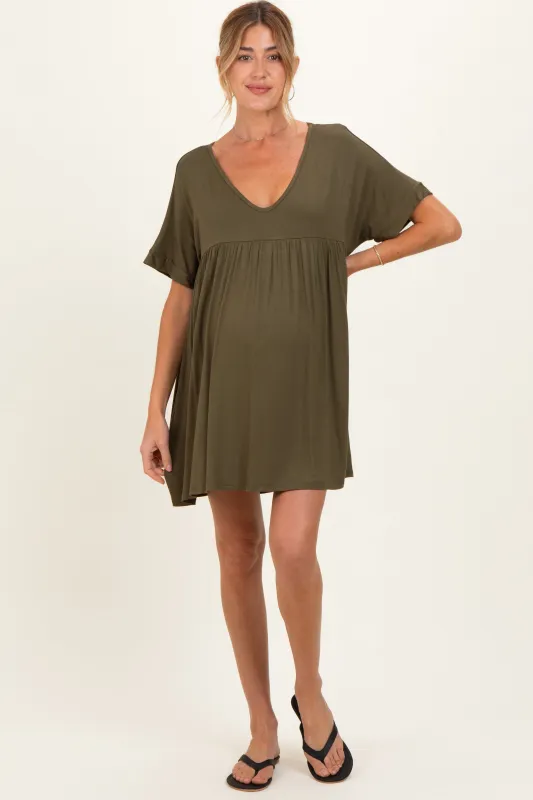 Olive V-Neck Basic Maternity Dress made by Pinkblush