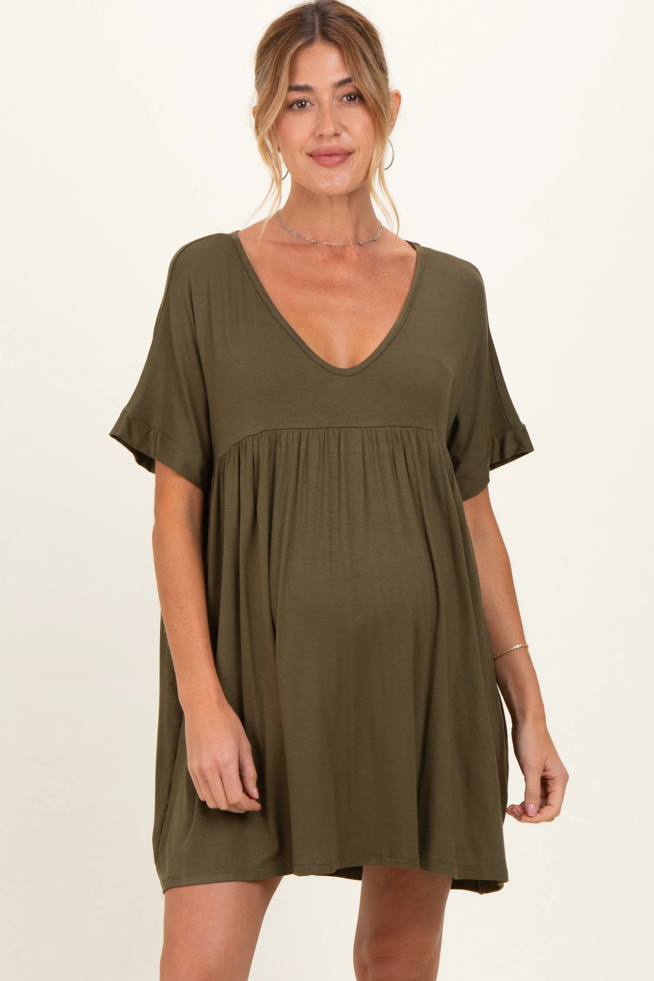 Olive V-Neck Basic Maternity Dress sold by Pinkblush product image thumbnail 2