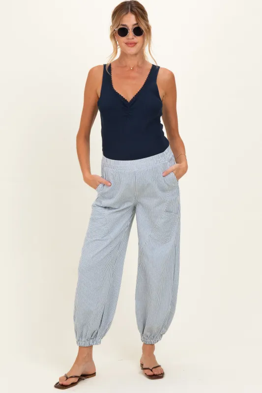 Blue Striped Patch Pocket Maternity Pants made by BiBi
