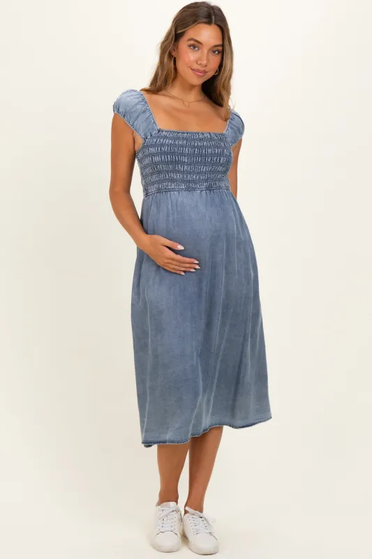 Medium Denim Chambray Smocked Maternity Midi Dress made by Final Touch