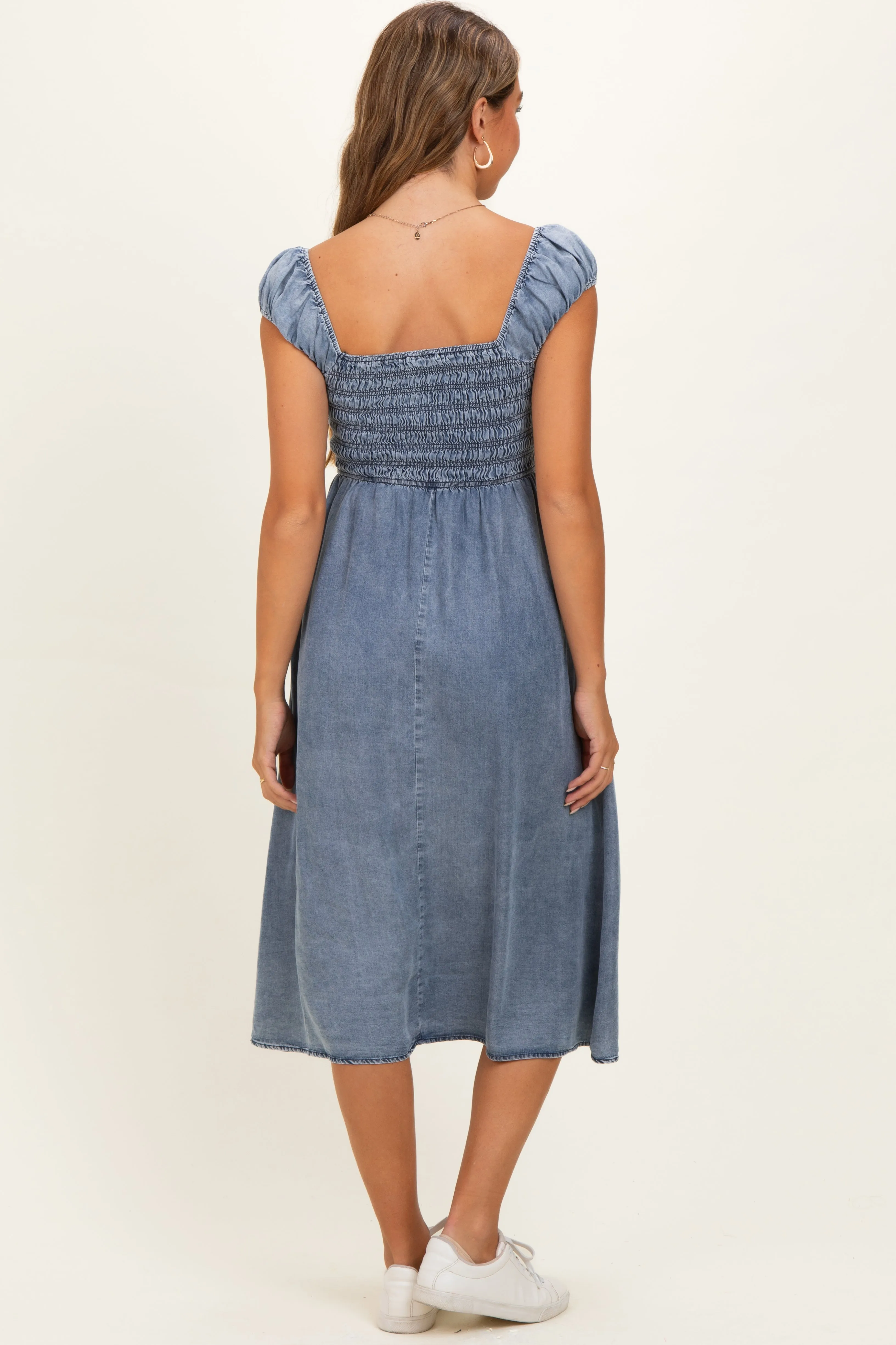 Medium Denim Chambray Smocked Maternity Midi Dress sold by Pinkblush product image thumbnail 3