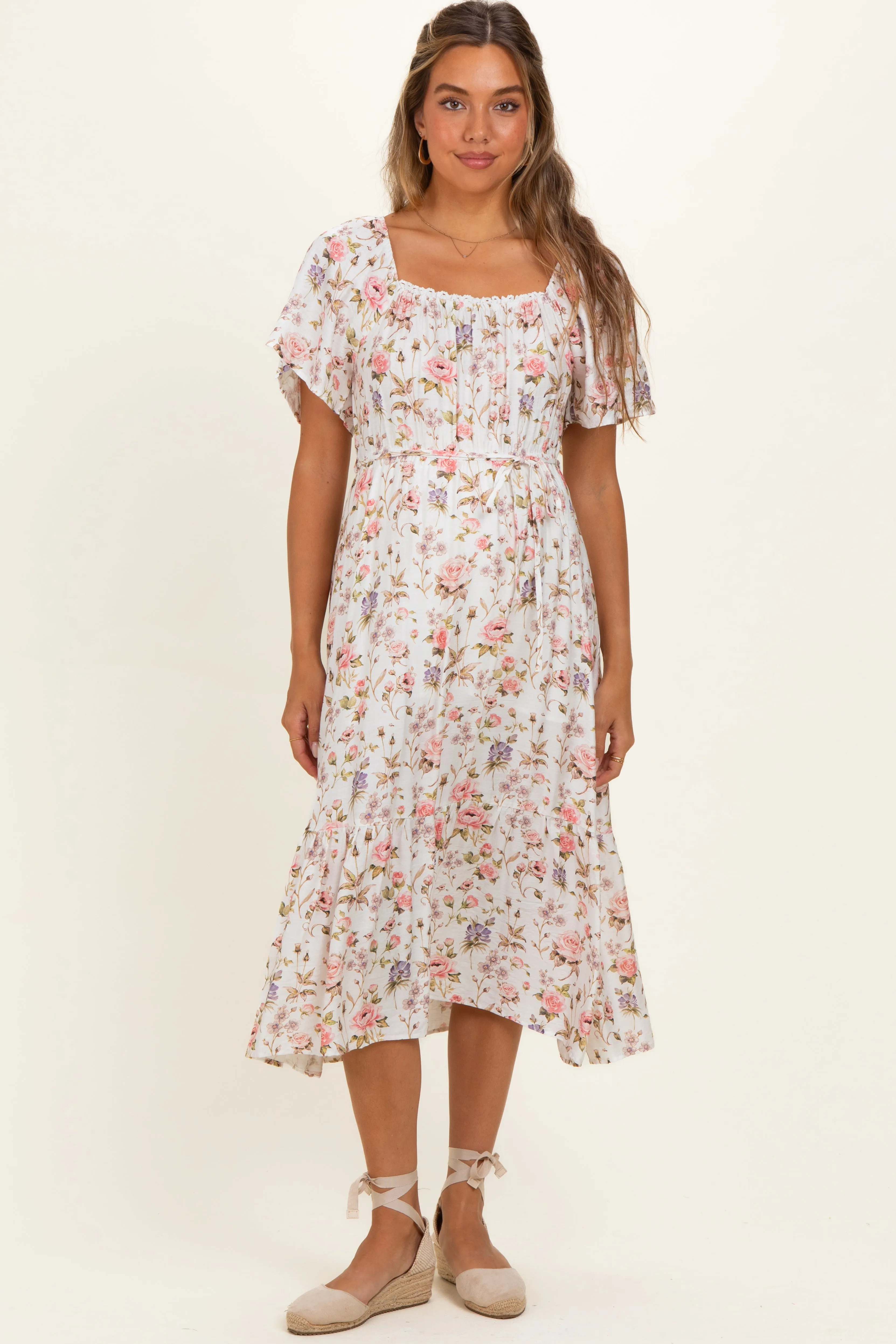 Ivory Floral Flutter Sleeve Maternity Midi Dress sold by Pinkblush