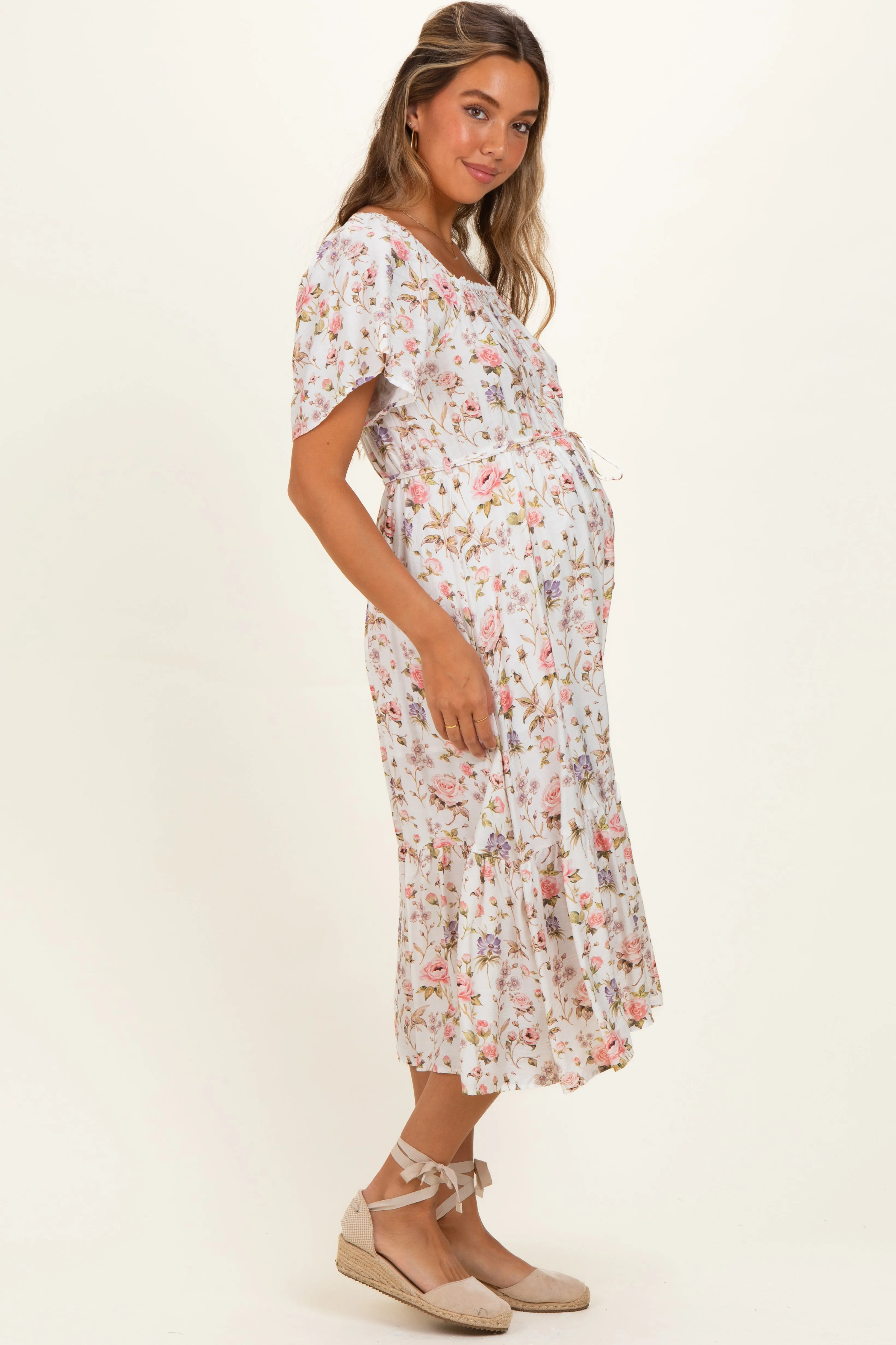 Ivory Floral Flutter Sleeve Maternity Midi Dress sold by Pinkblush product image thumbnail 2