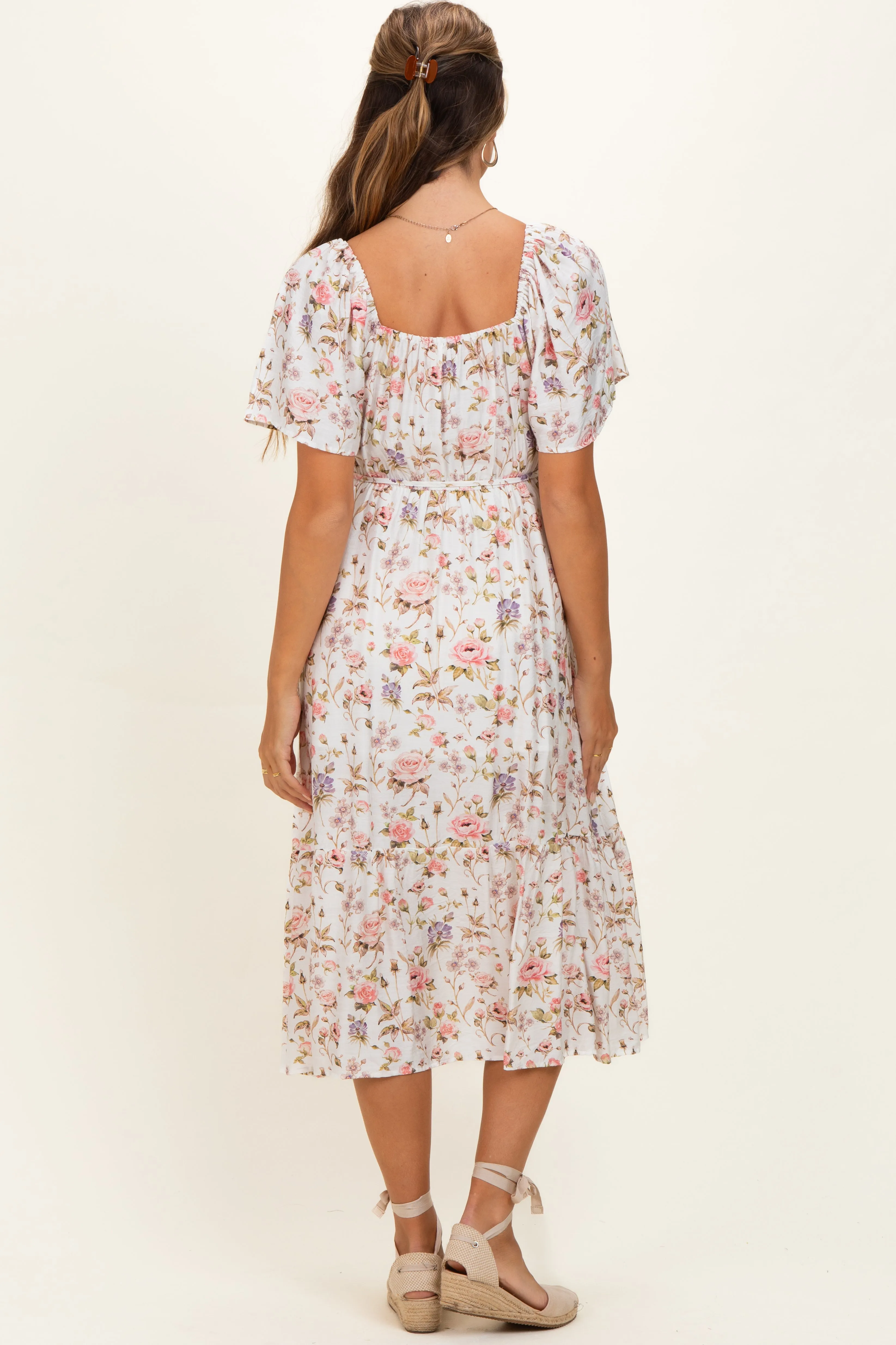 Ivory Floral Flutter Sleeve Maternity Midi Dress sold by Pinkblush product image thumbnail 3