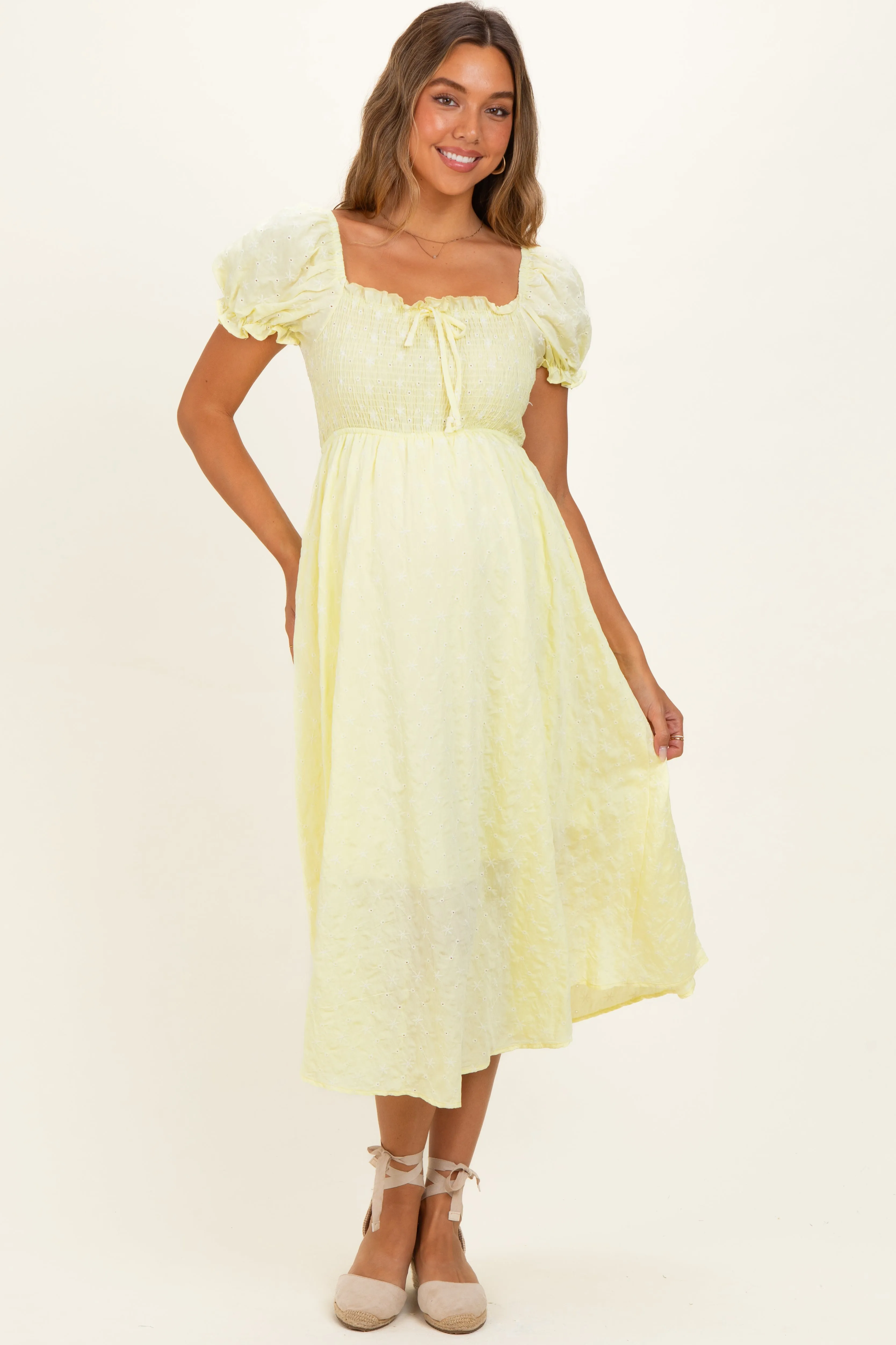 Yellow Square Neck Puff Sleeve Maternity Midi Dress sold by Pinkblush