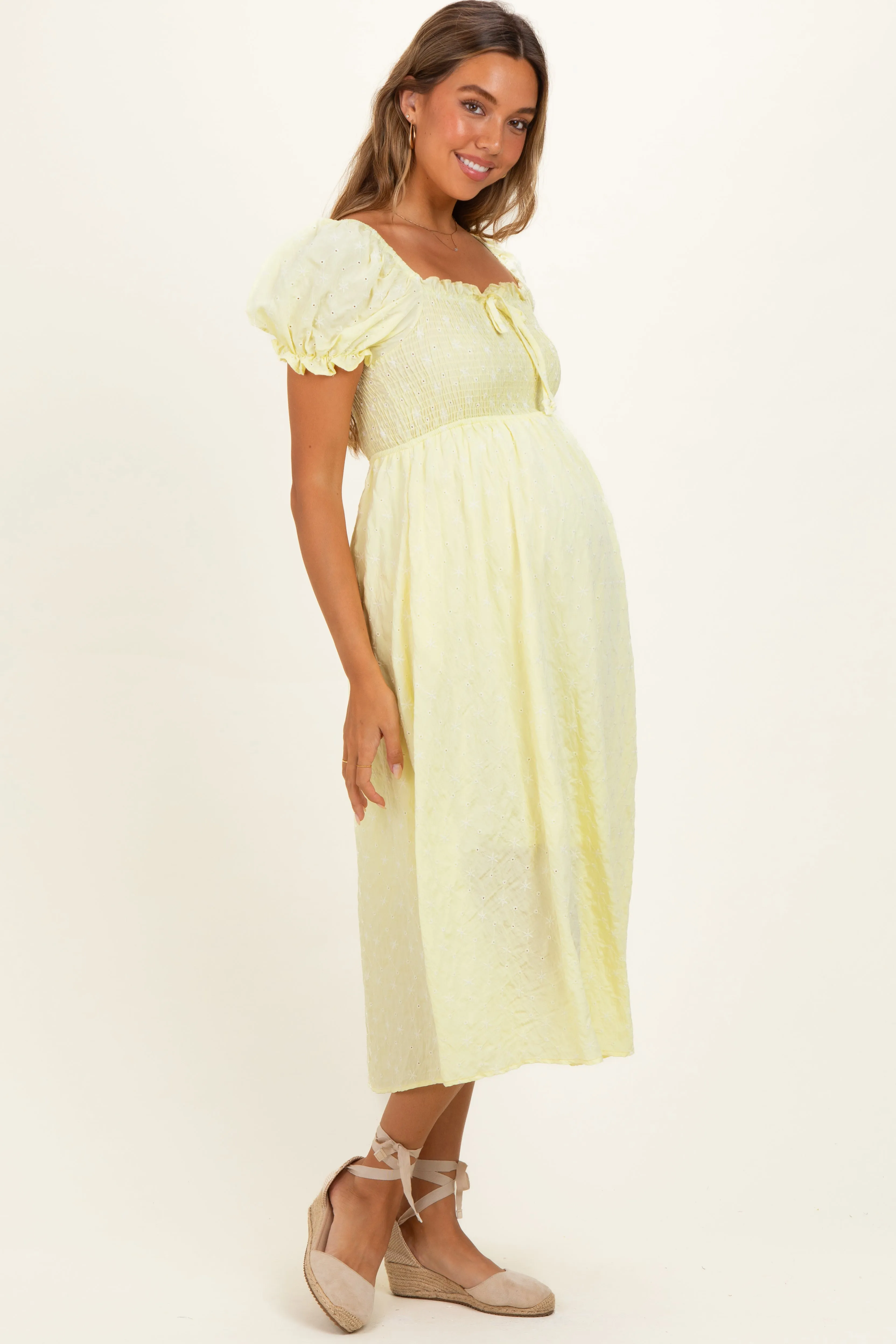 Yellow Square Neck Puff Sleeve Maternity Midi Dress sold by Pinkblush product image thumbnail 2