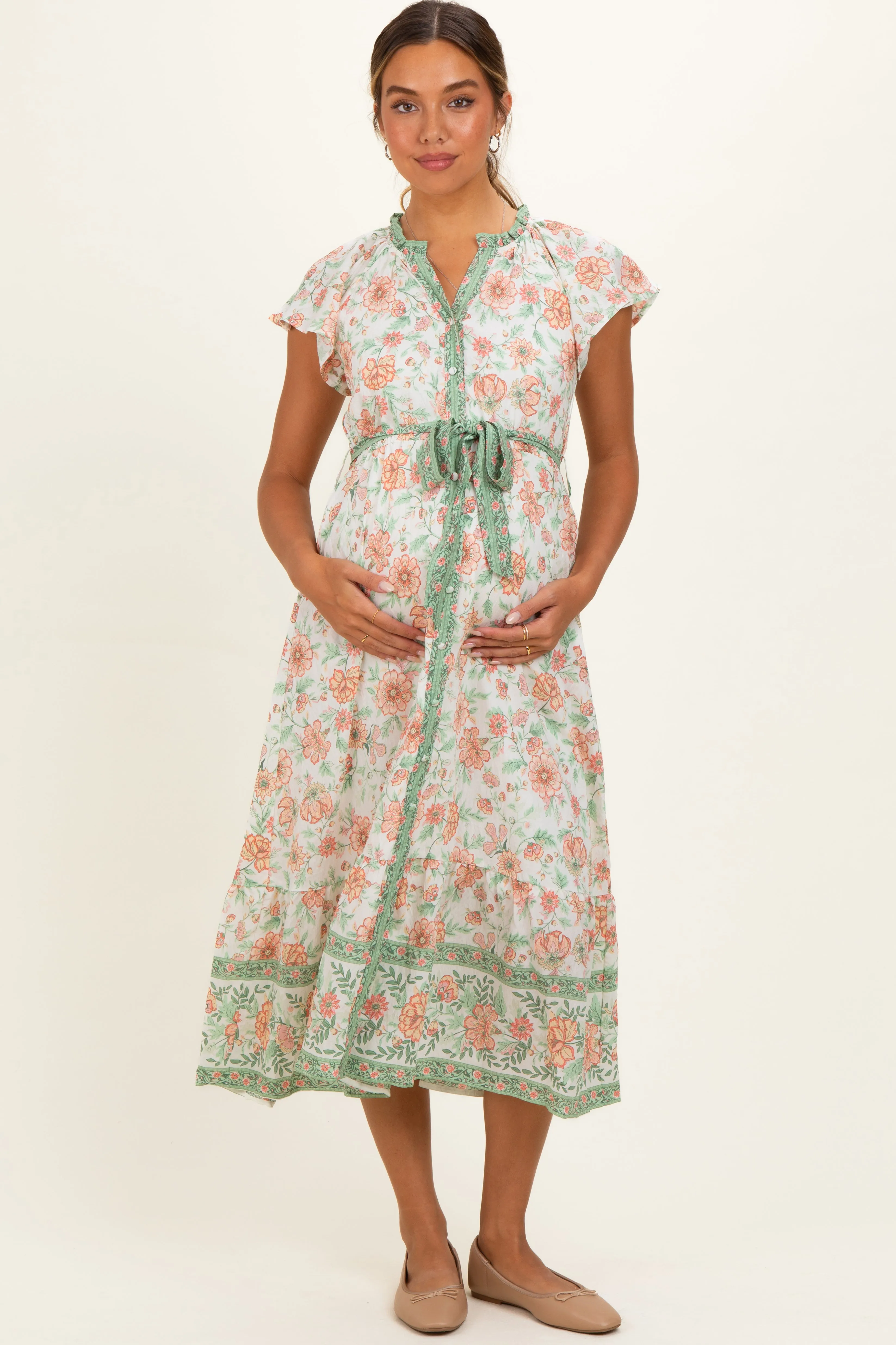 Olive Contrast Floral Maternity Shirt Dress sold by Pinkblush