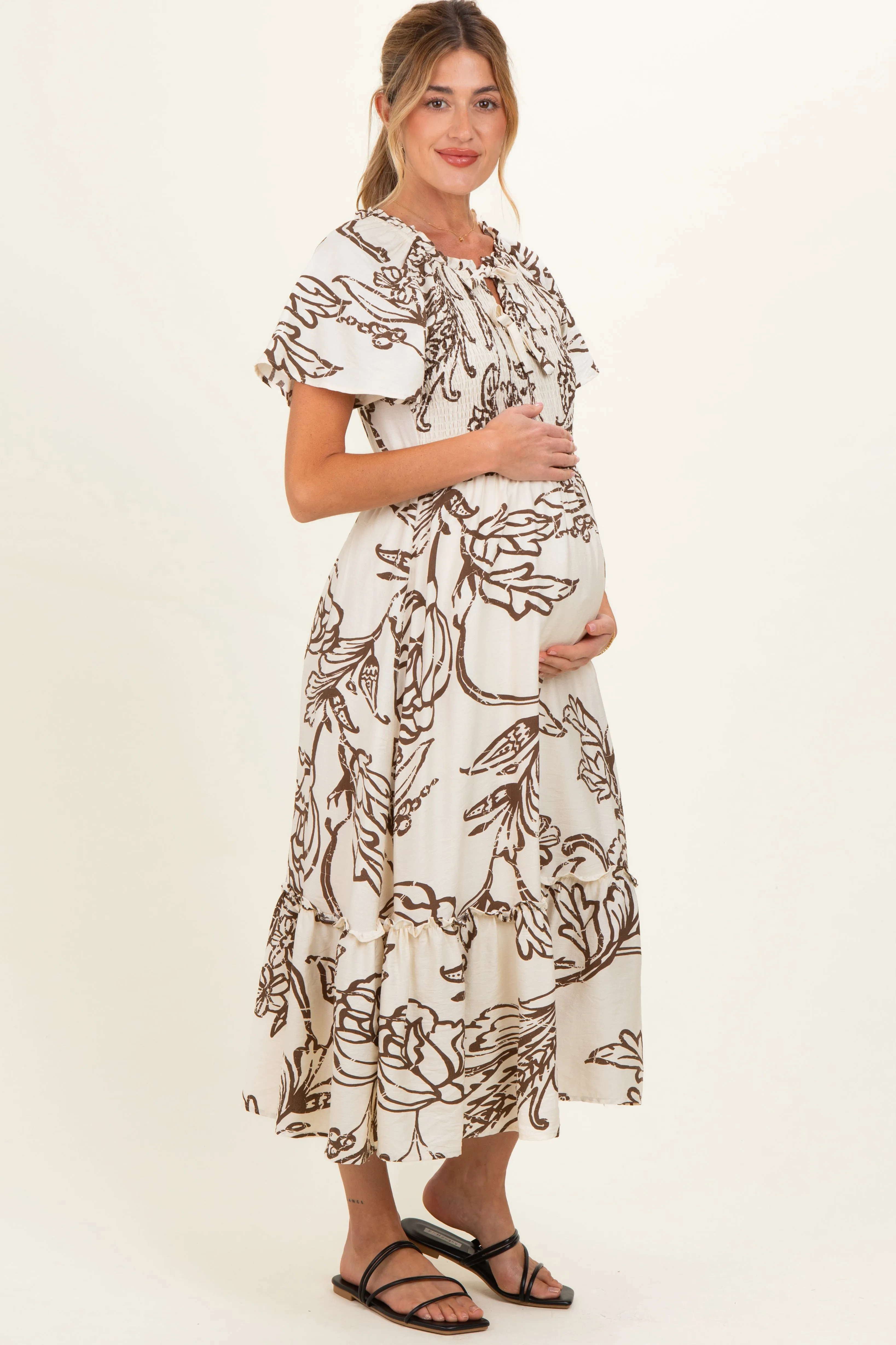 Taupe Floral Smocked Front Tie Maternity Midi Dress sold by Pinkblush product image thumbnail 2