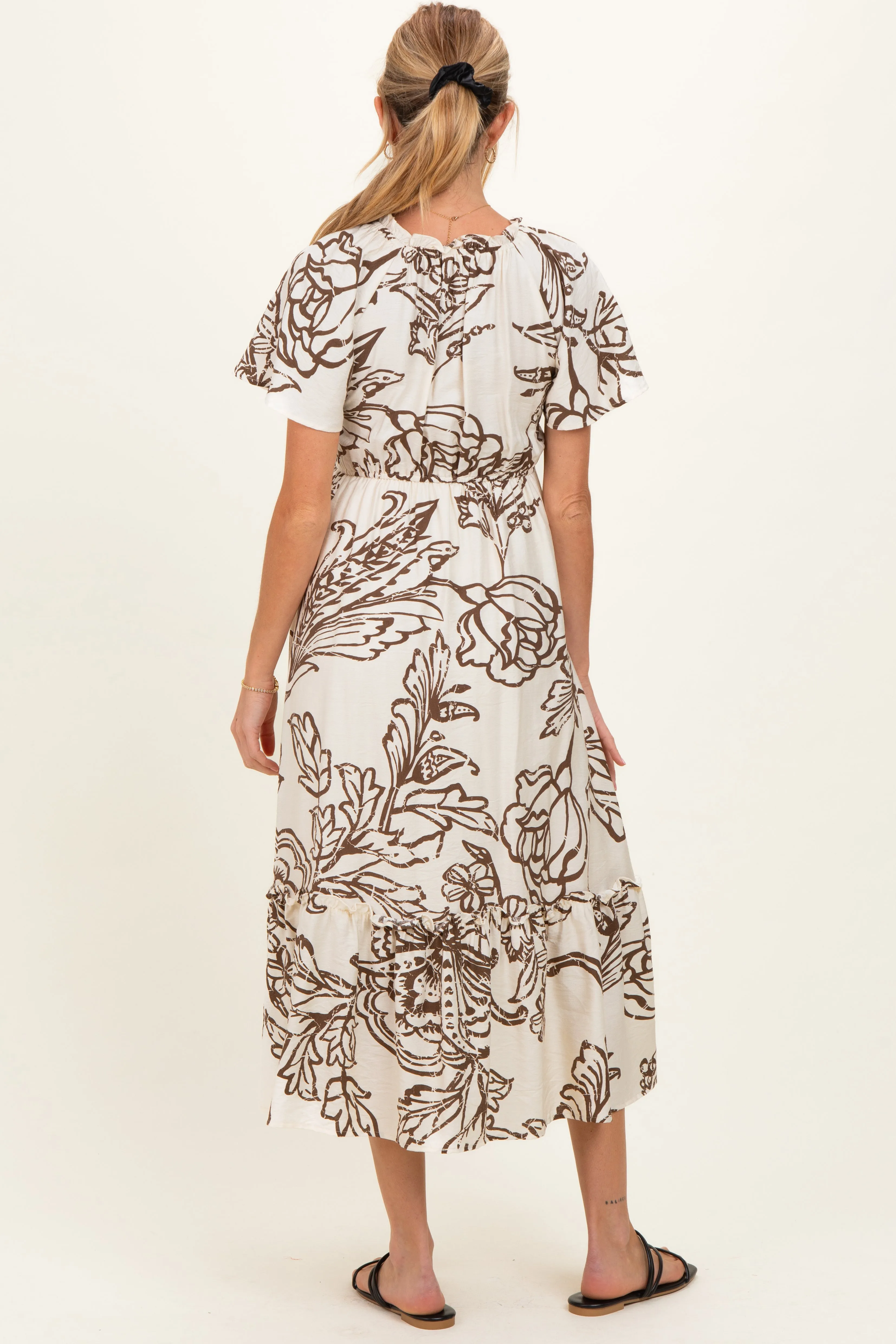 Taupe Floral Smocked Front Tie Maternity Midi Dress sold by Pinkblush product image thumbnail 3