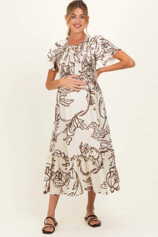 Taupe Floral Smocked Front Tie Maternity Midi Dress made by Pinkblush