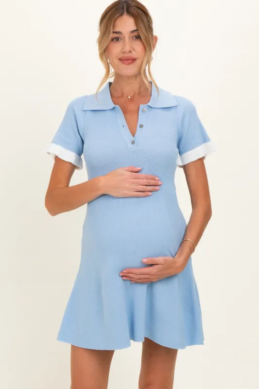 Blue Knit Ruffle Sleeve Maternity Mini Polo Dress made by So Me
