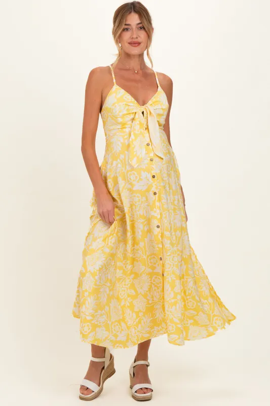 Yellow Floral Front Tie Racerback Maternity Midi Dress made by Sky to Moon 