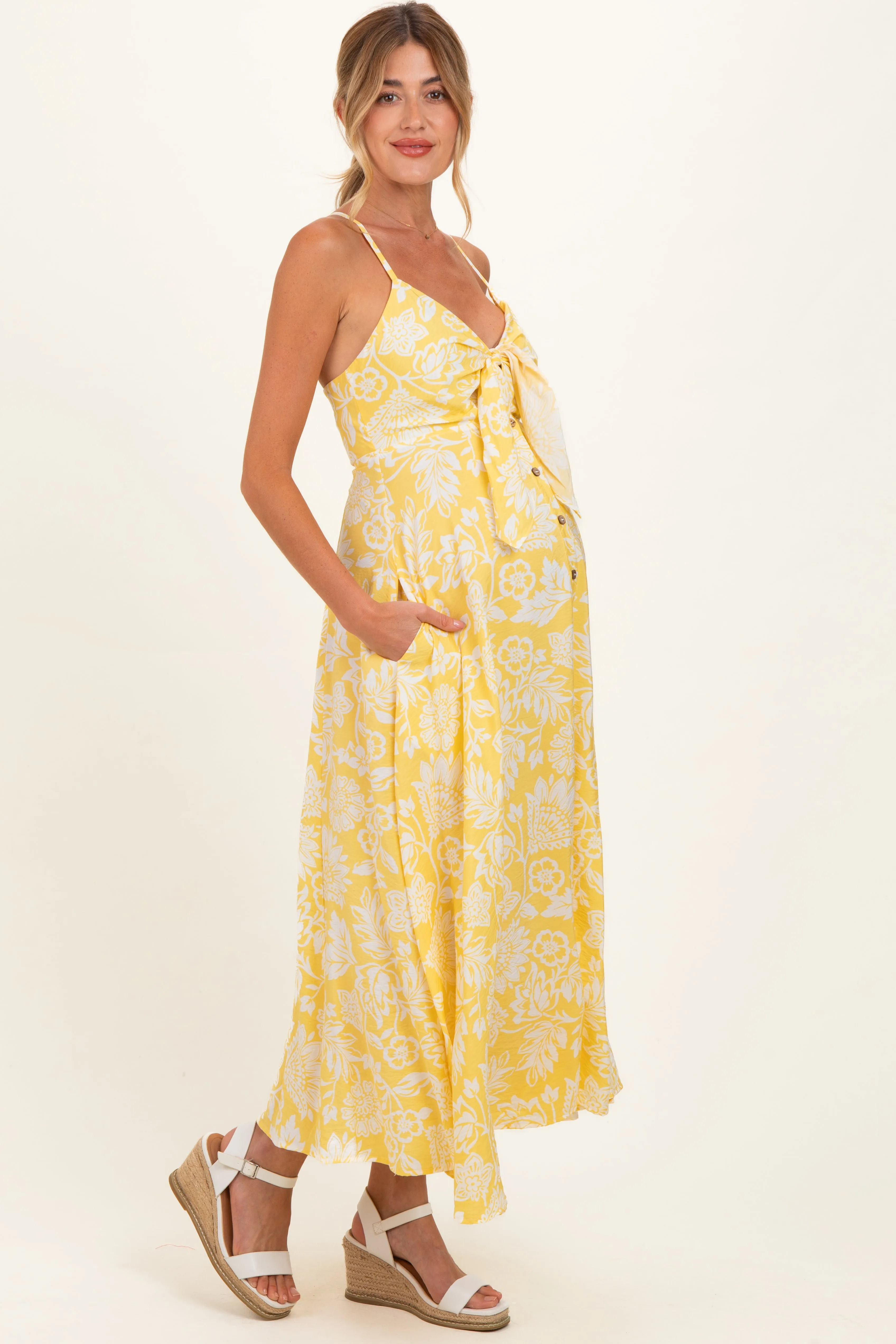 Yellow Floral Front Tie Racerback Maternity Midi Dress sold by Pinkblush product image thumbnail 2