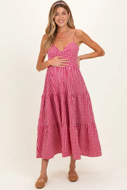 Red Gingham Cutout Tie Back Tiered Maternity Maxi Dress made by Lovely Day