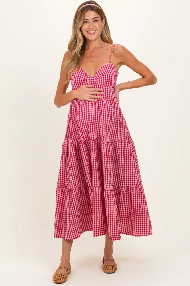 Red Gingham Cutout Tie Back Tiered Maternity Maxi Dress sold by Pinkblush