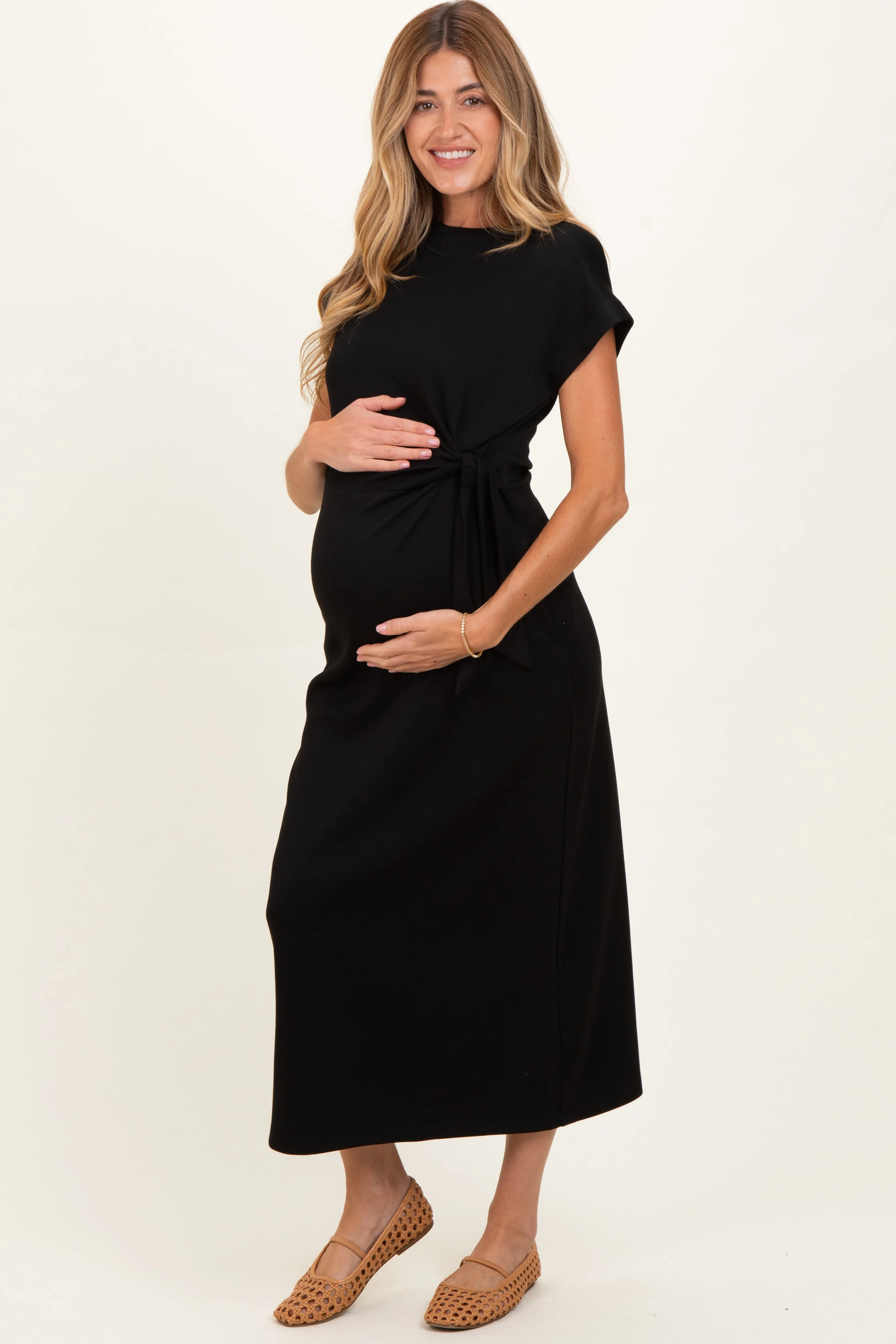 Black Side Tie Short Sleeve Maternity Midi Dress sold by Pinkblush product image thumbnail 2