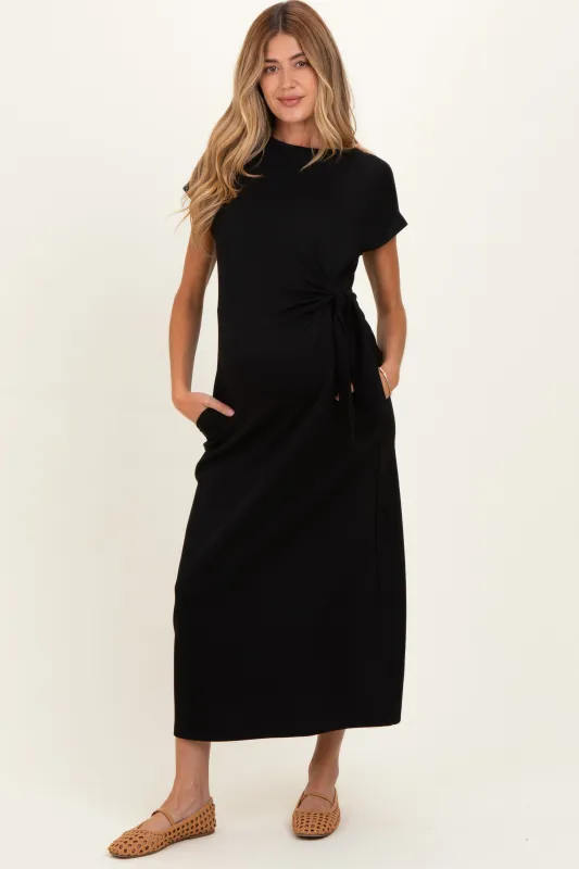 Black Side Tie Short Sleeve Maternity Midi Dress made by entro