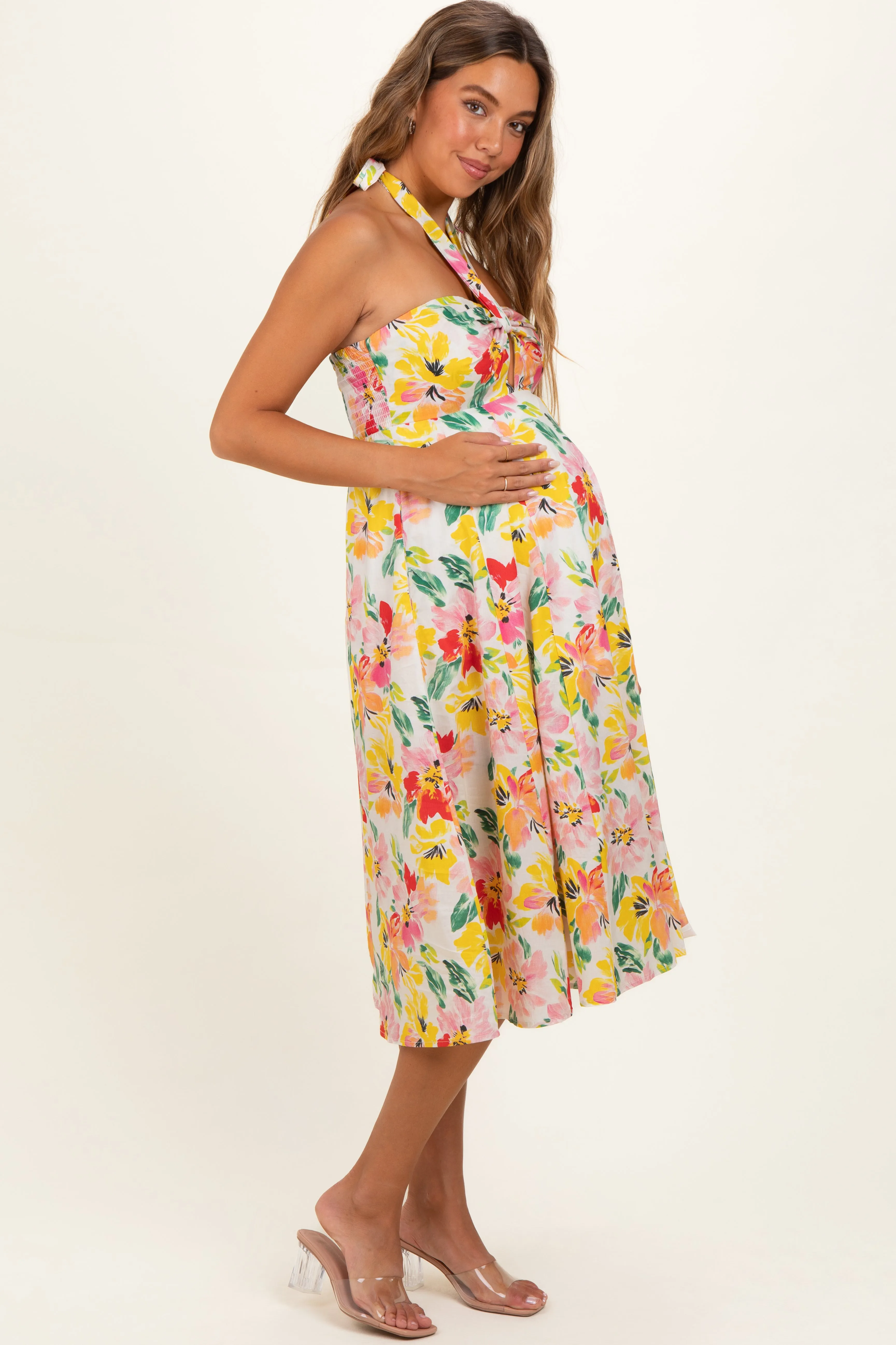 Ivory Floral Keyhole Halter Maternity Midi Dress sold by Pinkblush product image thumbnail 3