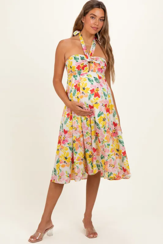 Ivory Floral Keyhole Halter Maternity Midi Dress made by Aakaa