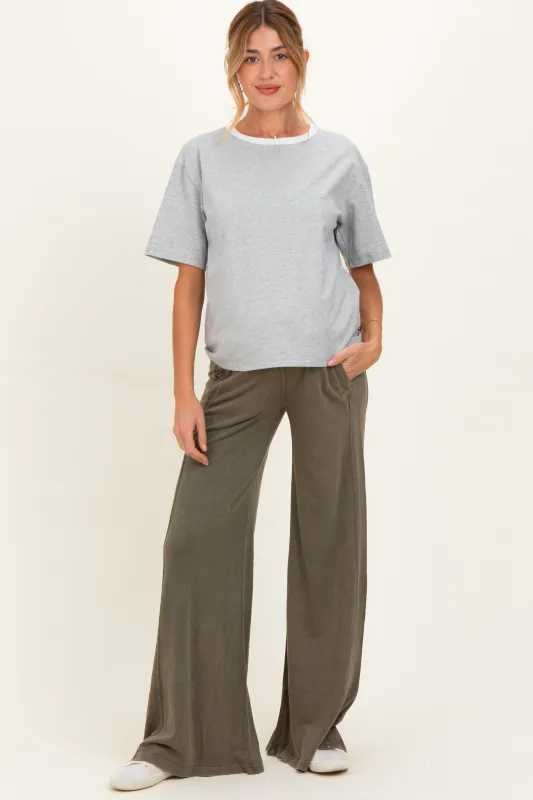 Olive Mineral Wash Wide Leg Maternity Pants made by Rae Mode