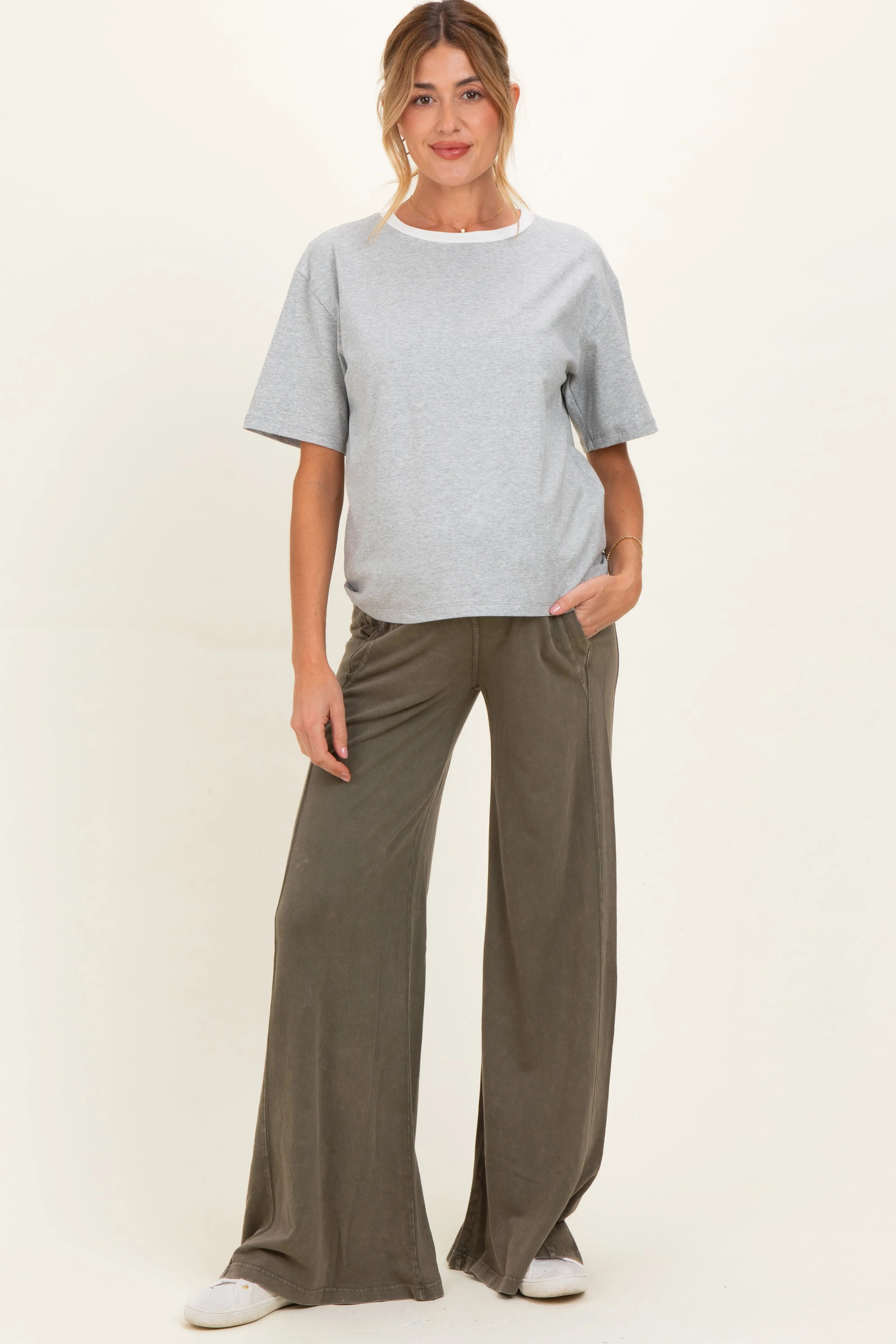 Olive Mineral Wash Wide Leg Maternity Pants sold by Pinkblush