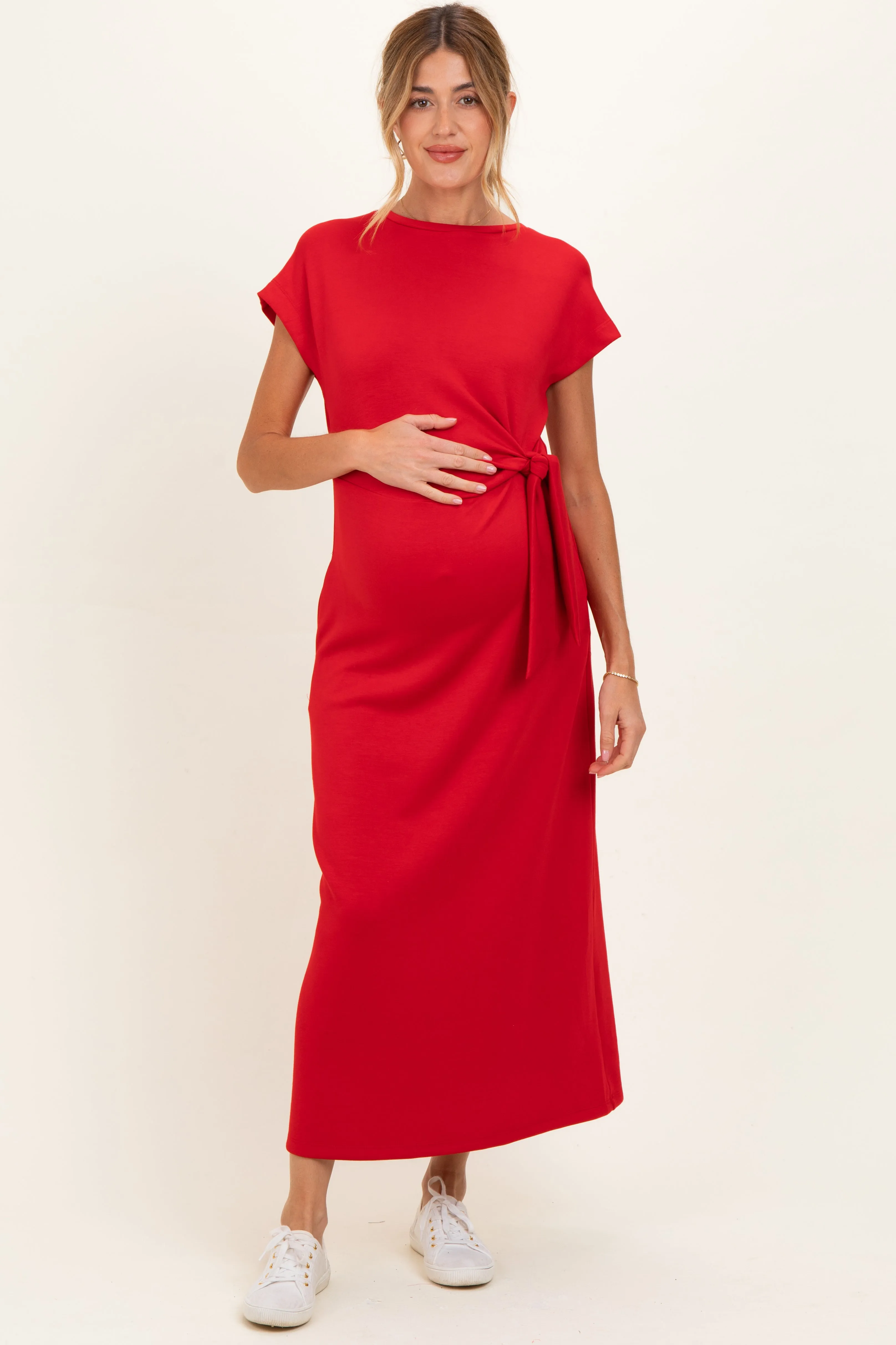 Red Side Tie Short Sleeve Maternity Midi Dress sold by Pinkblush