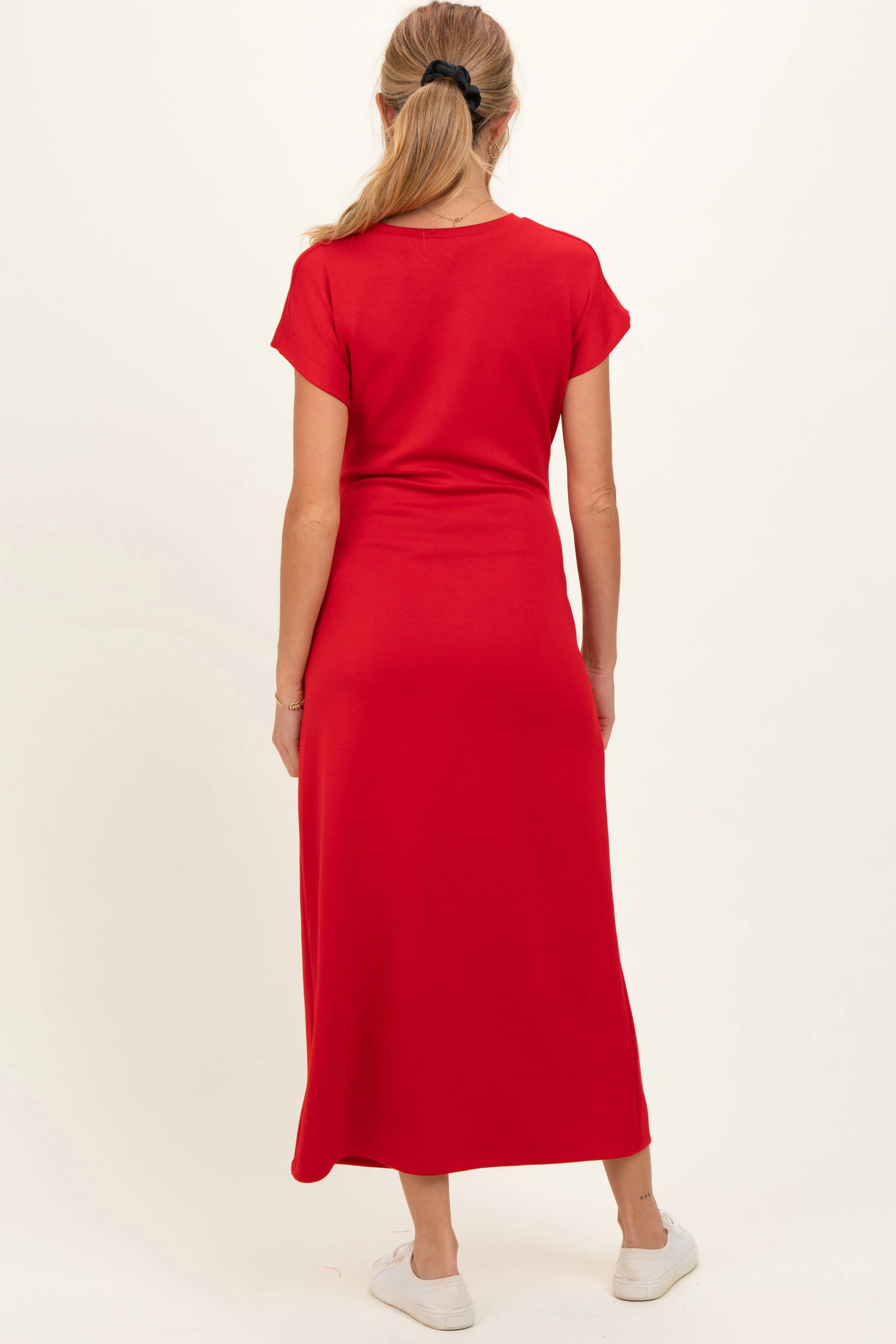 Red Side Tie Short Sleeve Maternity Midi Dress sold by Pinkblush product image thumbnail 2