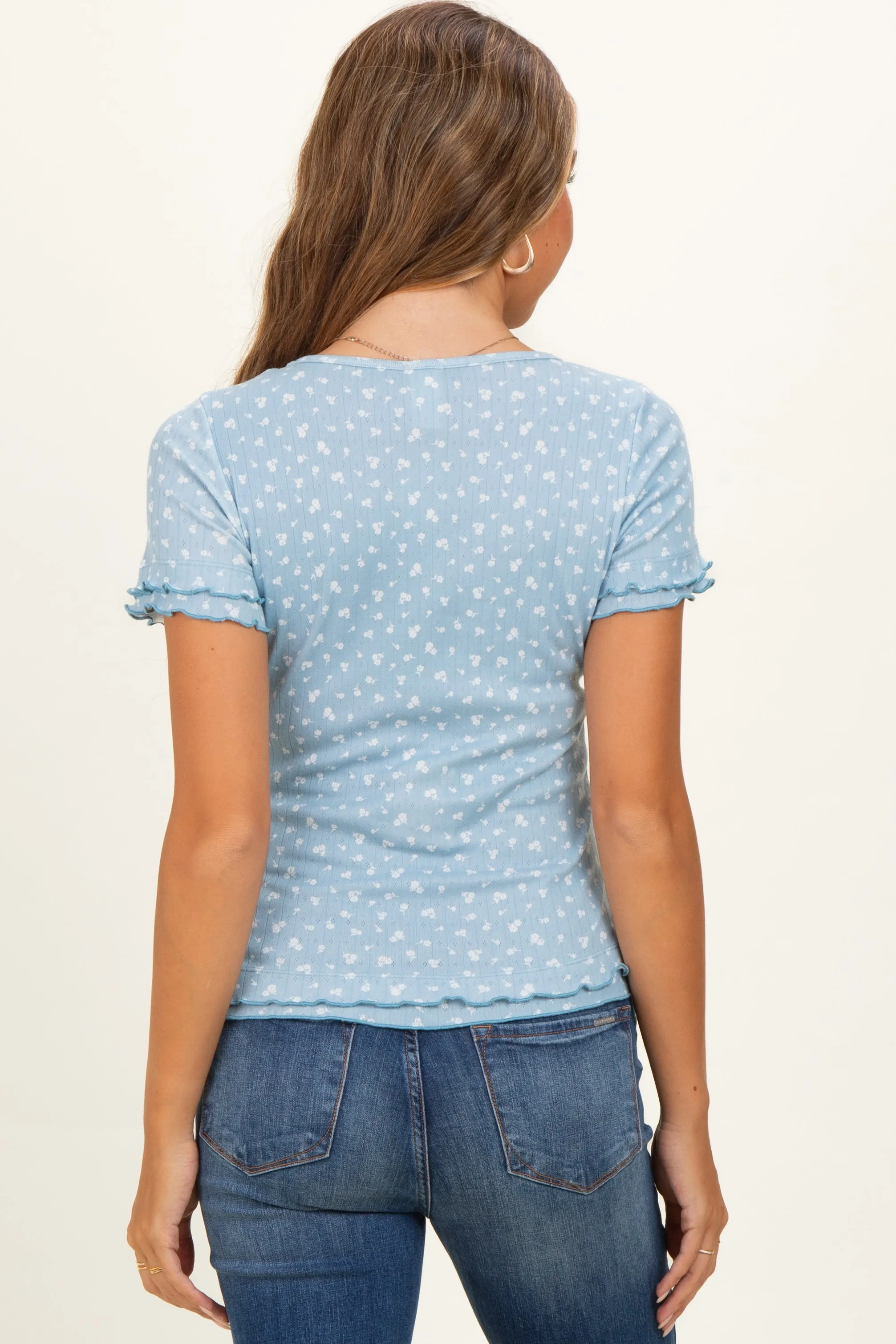 Blue Floral Ruffle Trim Maternity Henley Top sold by Pinkblush product image thumbnail 4