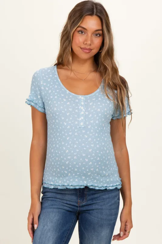Blue Floral Ruffle Trim Maternity Henley Top made by Pinkblush